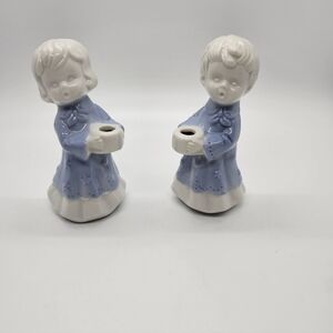 Vintage Blue White Porcelain Angel Girl Boy Taper Candlestick Candle Holders 4”